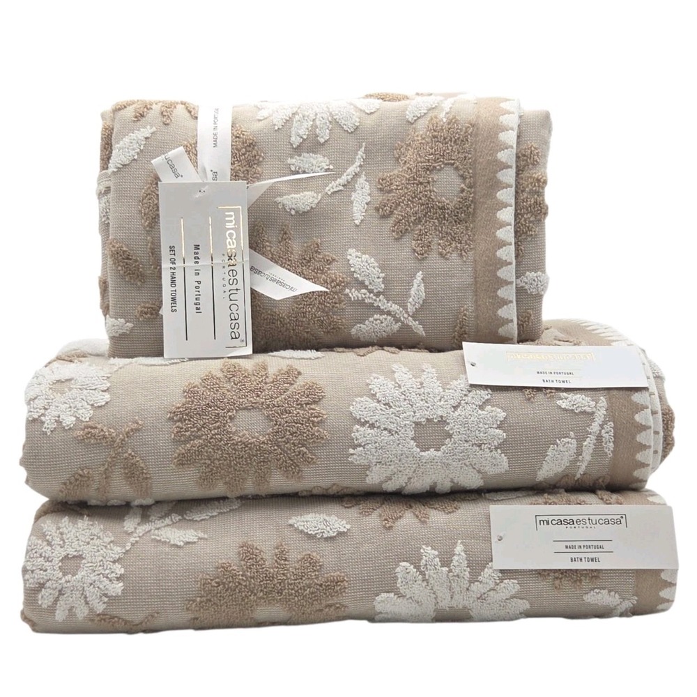 Mi Casa Es Tu Casa Taupe Ivory Daisy Bath Towel Set 4pc Cotton Made in Portugalu